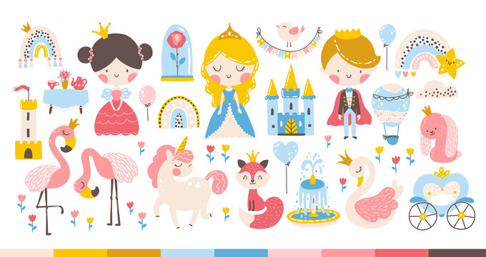 Princess rainbow set with animals and birds, unicorn, flamingo, swan. Castle, carriage. Cute girl and boy characters. Vector illustration in a cartoon hand-drawn Scandinavian style in a pastel palette