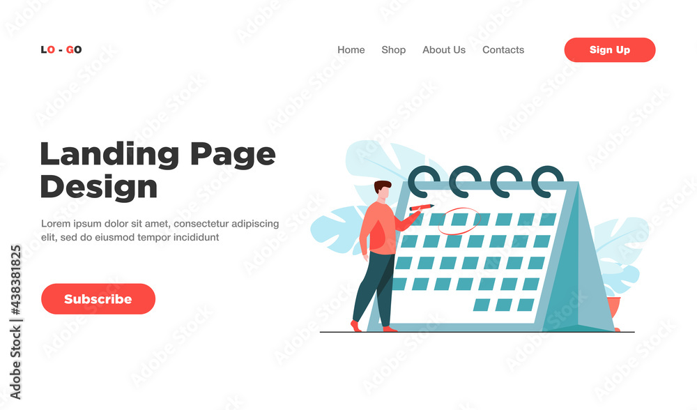 Poster manager planning event. man marking date on calendar page flat vector illustration. scheduling, time
