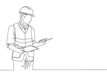 One continuous line drawing of young handsome foreman holding tablet and walkie talkie. Home renovation service concept single line draw design illustration - obrazy, fototapety, plakaty
