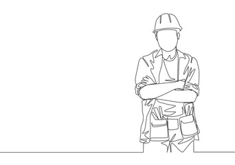 One continuous line drawing of young attractive handyman pose crossing hands on chest. Building construction service concept single line draw design illustration