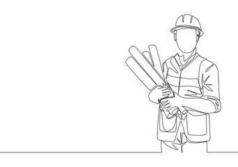 One single line drawing of young handsome architect holding sketch blueprint roll papers. Building construction service concept continuous line draw design illustration - obrazy, fototapety, plakaty