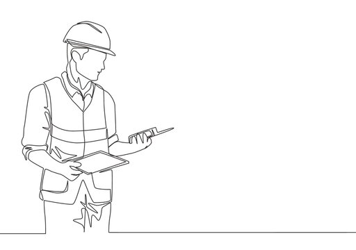 One continuous line drawing of young handsome foreman holding tablet and walkie talkie. Home renovation service concept single line draw design illustration