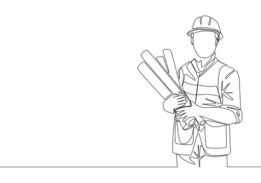 One single line drawing of young handsome architect holding sketch blueprint roll papers. Building construction service concept continuous line draw design illustration