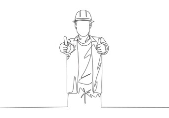 One single line drawing of young handsome handyman giving thumbs up finger gesture. Home renovation service concept continuous line draw design illustration
