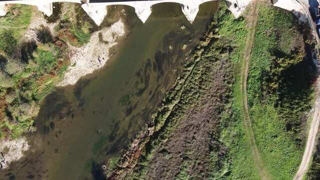 Aerial view of Nineteenth-century bridge over the Yantra River, known as the Kolyu Ficheto Bridge in Byala, Ruse region, Bulgaria