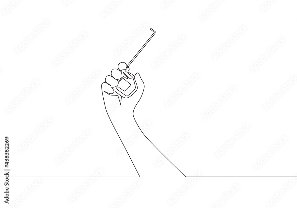 Poster one single line drawing of man holding measuring tape. handyman tools concept. continuous line draw 