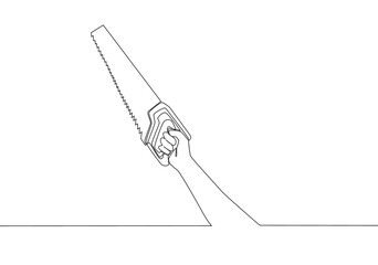 Single continuous line drawing of man holding manual hand saw. Handyman tools concept. One line draw vector design illustration