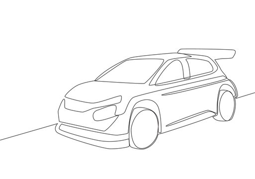 One line drawing of rally and drifting sporty sedan car. Vehicle transportation concept. Single continuous line draw design