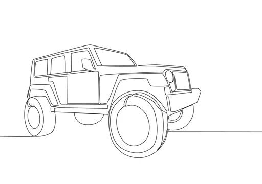 Single line drawing of tough 4x4 speed jeep wrangler car. Adventure offroad  rally vehicle transportation concept. One continuous line draw design Stock  Vector