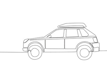 Continuous line drawing of tough suv car with roof rack. Adventure vehicle transportation concept. One single continuous line draw design - obrazy, fototapety, plakaty