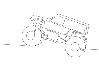 Continuous line drawing of 4x4 wheel steering offroad jeep wrangler car for competition and tournament. Rally adventure vehicle transportation concept. One single continuous line draw design