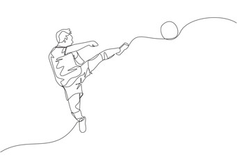 One single line drawing of young happy football player practice kicking the ball while jumping at the field stadium. Soccer match sports concept. Continuous line draw design vector illustration © Simple Line