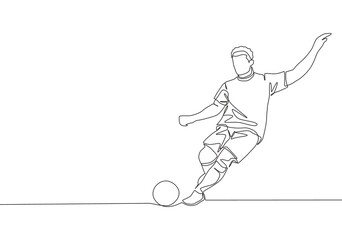 One continuous line drawing of young talented football player take a free kick. Soccer match sports concept. Single line draw design vector illustration © Simple Line