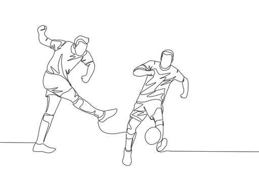 One continuous line drawing of young football striker shooting the ball and the defender blocking the ball. Soccer match sports concept. Single line draw design vector illustration