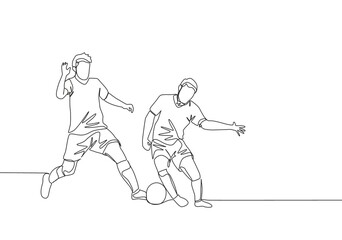 Fototapeta na wymiar Single continuous line drawing of young energetic football player dribbling pass opponent player and running to the rival area. Soccer match sports concept. One line draw design vector illustration