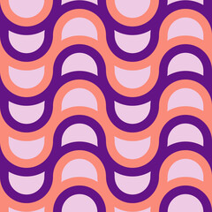Seamless pastel pattern in 60s style. Wrapping paper pattern. Template for fabric. Stylish background for cards. Purple, pink. Waves. Textile design. Fashionable color combinations. Backdrop.