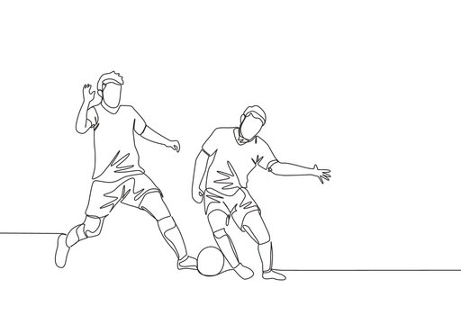 Single continuous line drawing of young energetic football player dribbling pass opponent player and running to the rival area. Soccer match sports concept. One line draw design vector illustration