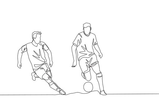Single continuous line drawing of young energetic football player chasing opponent player who dribbled the ball passing him. Soccer match sports concept. One line draw design vector illustration