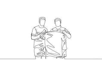 Fototapeta na wymiar Single continuous line drawing of club manager introduce newly recruited football player at press conference from the transfer window to the fans. One line draw design vector illustration