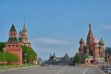 Fototapeta premium City landscape with view at Moscow Kremlin towers and St. Basil's Cathedral on Red square.