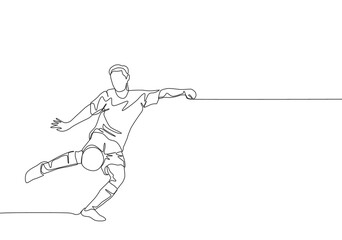 Single continuous line drawing of young energetic football striker shooting a first time kick technique. Soccer match sports concept. One line draw design vector illustration