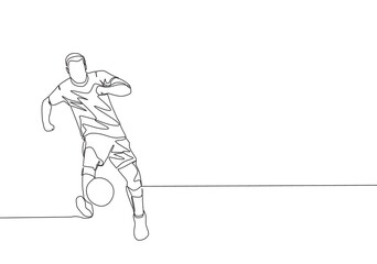 Fototapeta premium Single continuous line drawing of young energetic football player passing the ball to the teammate. Soccer match sports concept. One line draw design vector illustration