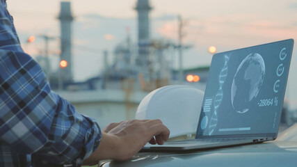 Close up hand Asian man engineer using laptop working on program to inspect the communications...
