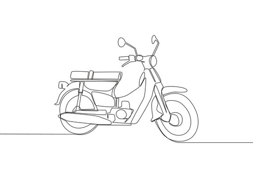 One continuous line drawing of old classic Asian underbone motorbike logo. Vintage motorcycle concept. Single line draw design vector illustration