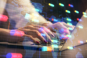 Multi exposure of woman hands working on computer and data theme hologram drawing. Tech concept.