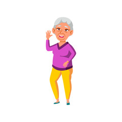 old asian woman welcoming friends on party cartoon vector. old asian woman welcoming friends on party character. isolated flat cartoon illustration
