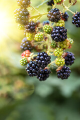 Blackberries ripen in the garden close-up. Fresh and tasty black blackberries. Natural background consisting of edible berries.