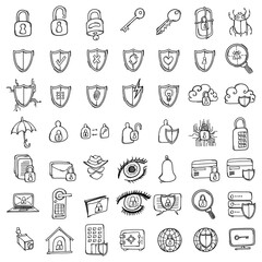 Security Doodle vector icon set. Drawing sketch illustration hand drawn line eps10