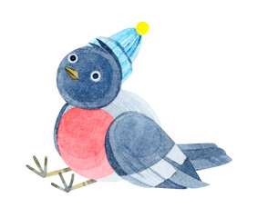 A Bullfinch in a blue knitted hat with a yellow pompom. Hand-drawn watercolor illustration of a bird on a white background. For cards, blogs, prints, design of winter holidays (New year, Christmas).
