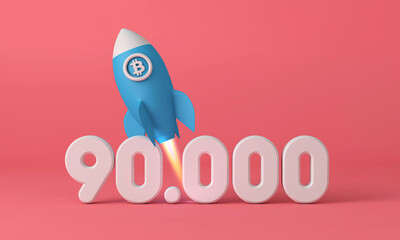 Bitcoin cryptocurrency rocket taking off to 90,000 price point. 3D Rendering