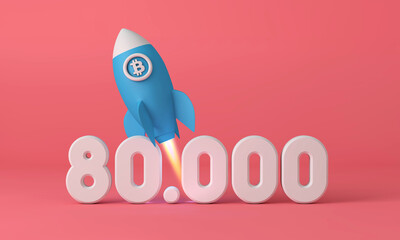 Bitcoin cryptocurrency rocket taking off to 80,000 price point. 3D Rendering