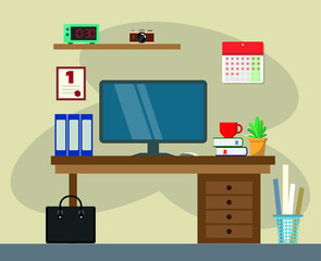 Modern work desk. Desktop. Computer, books, workspace.