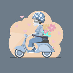 Cute character guy on scooters with flowers