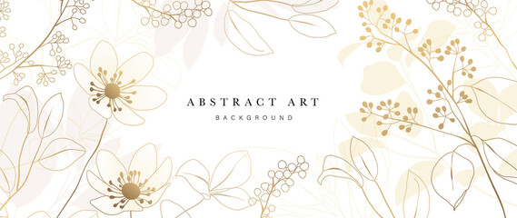 Golden Wild Flowers line art background vector. Luxury abstract art background with artificial flowers, Gold leaves, eucalyptus, trending hydrangea and summer blooms. Botanical wedding wallpaper. 
