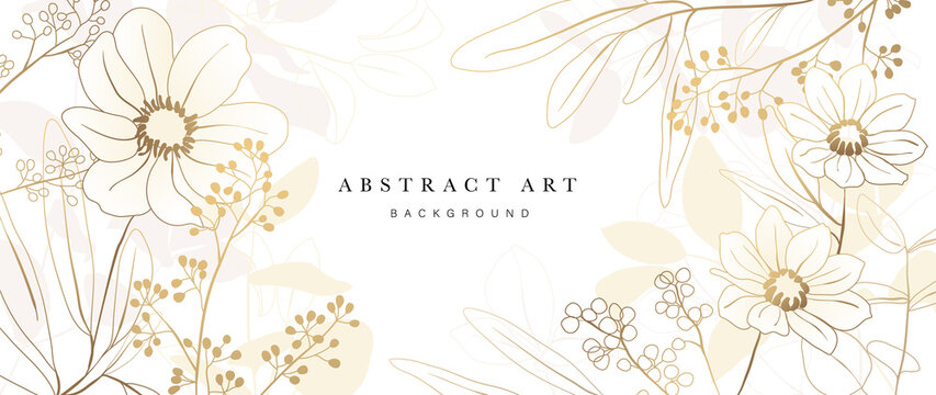 Golden Wild Flowers line art background vector. Luxury abstract art background with artificial flowers, Gold leaves, eucalyptus, trending hydrangea and summer blooms. Botanical wedding wallpaper. 