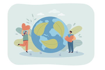 Man and woman holding hearts with globe in background. Green energy, leaf recycle symbol, reducing carbon pollution flat vector illustration. Recycling, zero waste concept for banner, website design