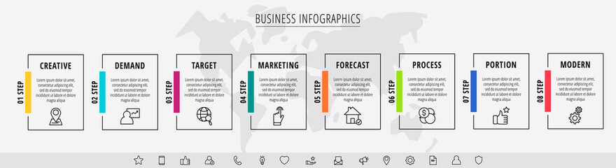 Infographic rectangles with icons. Vector business concept of eight steps by step, options, squares. Template with 8 ways for diagram, web, banner, presentations, flowchart, content, levels, chart