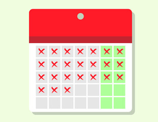 The calendar. Diary. Crossed out days on the calendar. Flat design.
