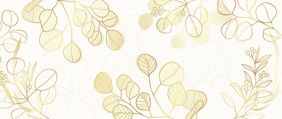 Golden Wild Flowers line art background vector. Luxury abstract art background with artificial flowers, Gold leaves, eucalyptus, trending hydrangea and summer blooms. Botanical wedding wallpaper. 