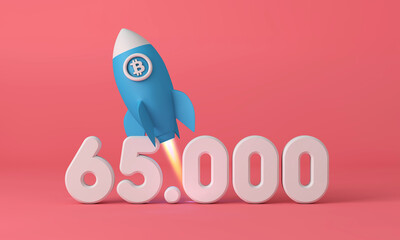 Bitcoin cryptocurrency rocket taking off to 65,000 price point. 3D Rendering
