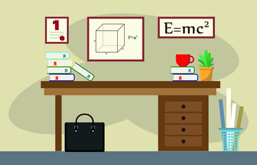 Scientist's desk. Formulas, books, workspace.