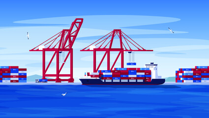 Port Crane loads containers onto a ship. Seaport for loading and unloading containers. The industry of import and export of cargo. Vector illustration in flat style. - obrazy, fototapety, plakaty