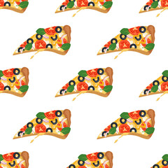 Bright seamless pattern with slices of pizza. Fast food print with vegetables and cheese. Design for textile, paper, cafe and restaurant