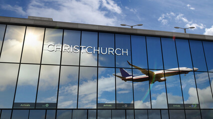 Airplane landing at Christchurch New Zealand airport mirrored in terminal - obrazy, fototapety, plakaty