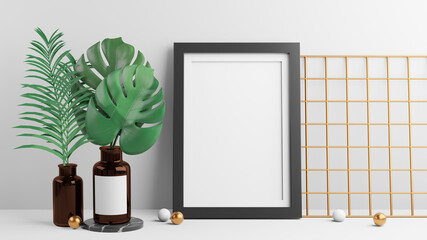 Black photo frame and monstera plant leaves in brown bottle decoration with gold ball on a white background. 3D illustration rendering image.