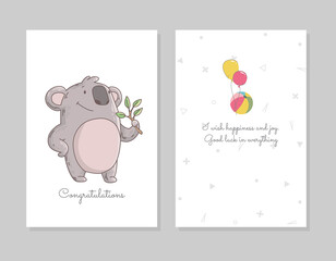 Cute koala eating eucalyptus. Doodle poster invitation template with airballs. Cute cartoon bear character